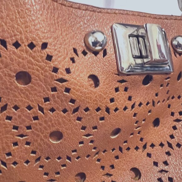 Carlos Santana Stenciled Expandable Faux Leather Boho Camel Shoulder Purse-Adj - Picture 4 of 16